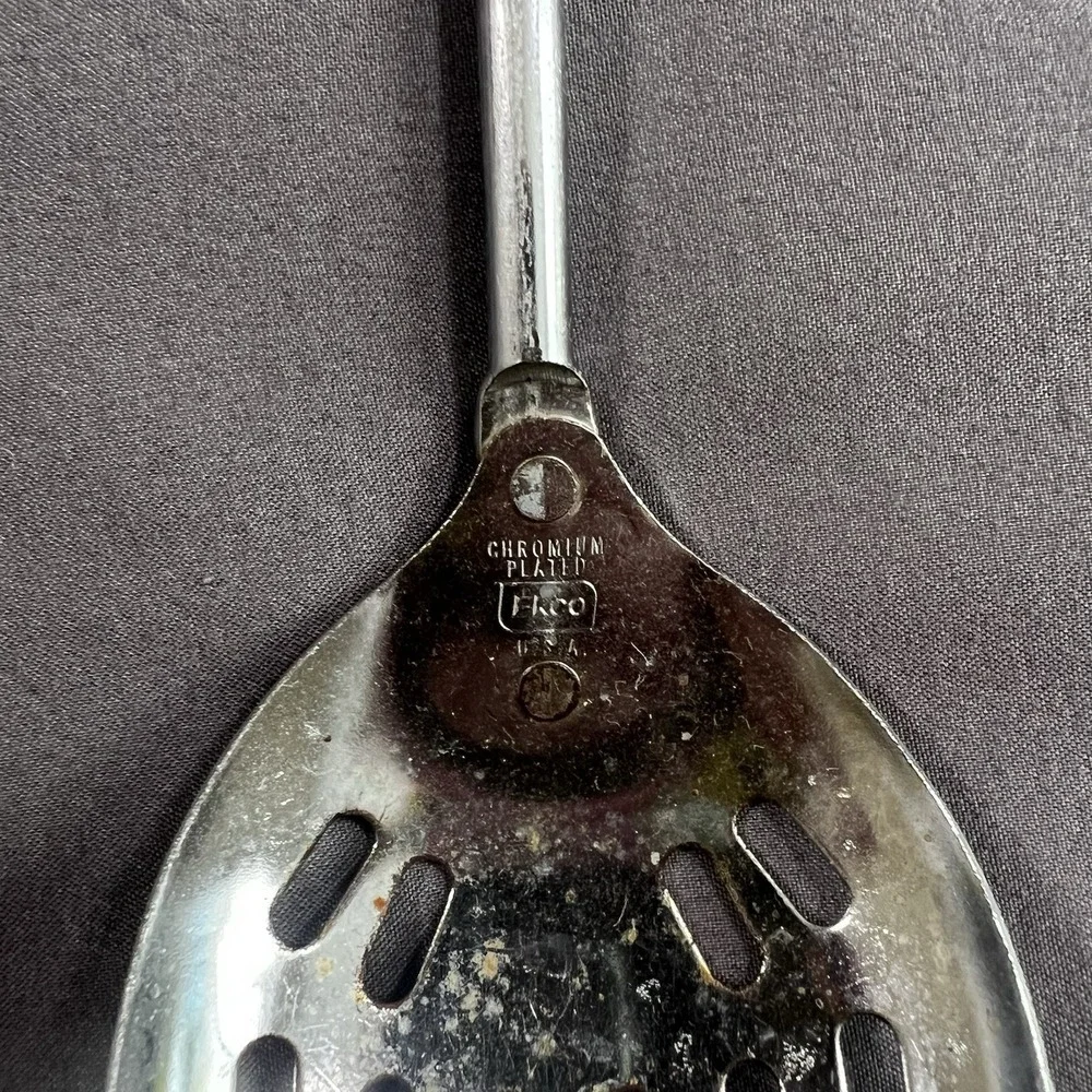 Vintage Ekco‎ USA Slotted Stainless Serving Spoon Orange Handle 12